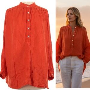 Felicite Red Orange Cotton Gauze Poet Tunic Top Long Sleeve Size 1 (XS-M)
